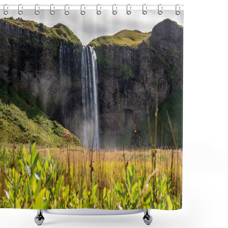 Personality  Scenic View Of Serene Seljalandsfoss Waterfall Cascades Over Lush Greenery, Surrounded By Dramatic Cliffs Under A Breathtakingly Vibrant Sunset Sky In Area Of Golden Circle In Iceland Shower Curtains