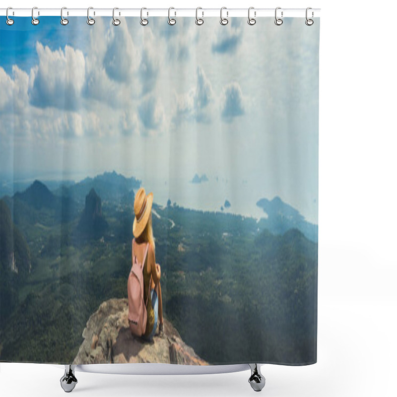 Personality  Young Woman With Backpack Enjoying Breathtaking View Of The Landscape From The Top Of Mountain. Travel Comcept. Back View. Banner Edition. Shower Curtains