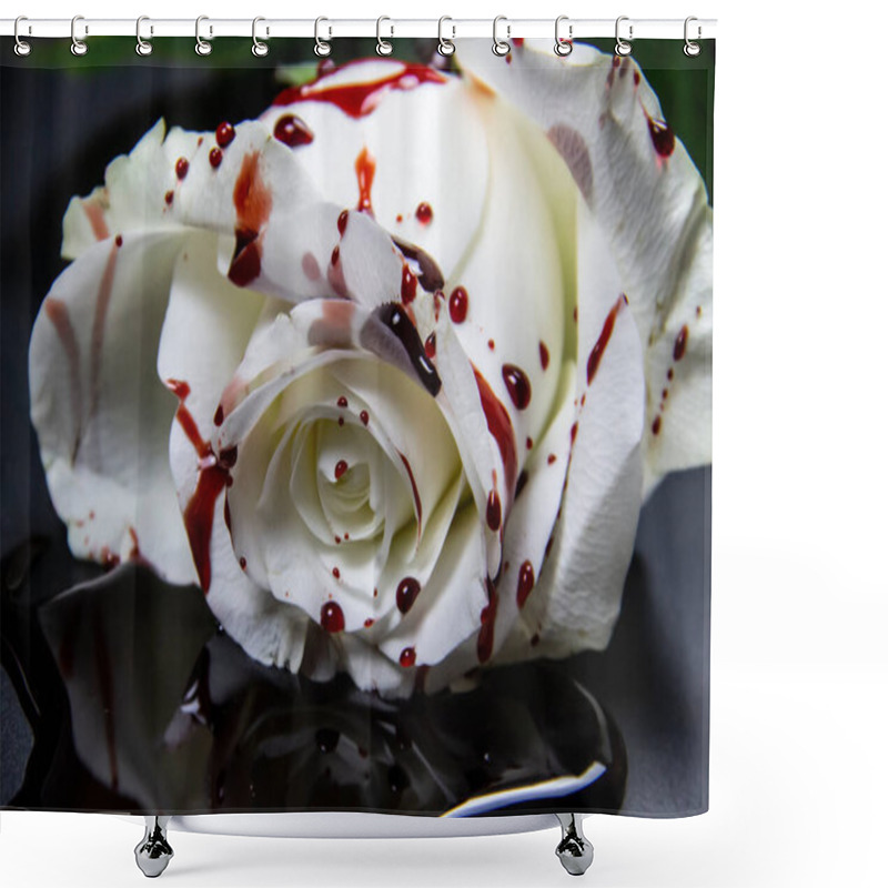 Personality  Beautiful And Bloody White Rose On The Dark Background. Bloody Rose - Conceptual Photo.  White Rose With Blood. Shower Curtains