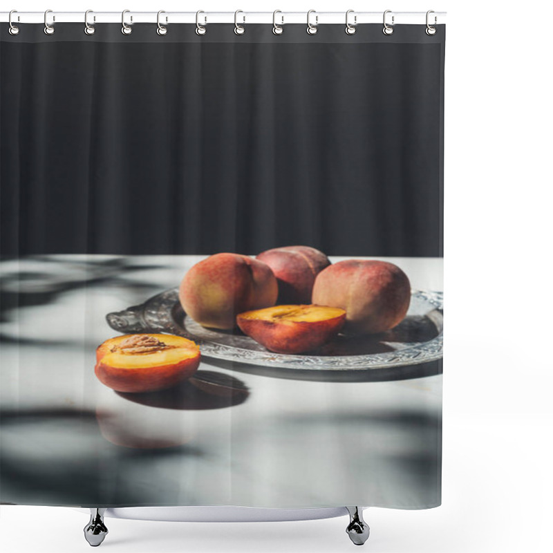 Personality  Food Composition With Ripe Peaches On Metal Tray On Marble Tabletop With Black Background Shower Curtains