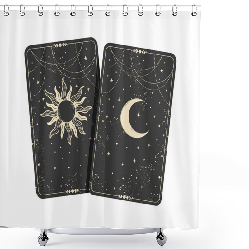 Personality  Two Tarot Cards With Moon And Stars, Boho Illustration For Astrology, Tattoos, Fortune Telling. Flat Linear Hand Drawn Illustration In Vintage Design Isolated On White Background. The Concept Of Shower Curtains