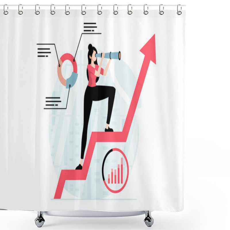 Personality  Strategic Planning Concept With People Scene In Flat Design. Woman Finds New Opportunities, Plans Strategy For Development And Profit Growth. Vector Illustration With Character Situation For Web Shower Curtains