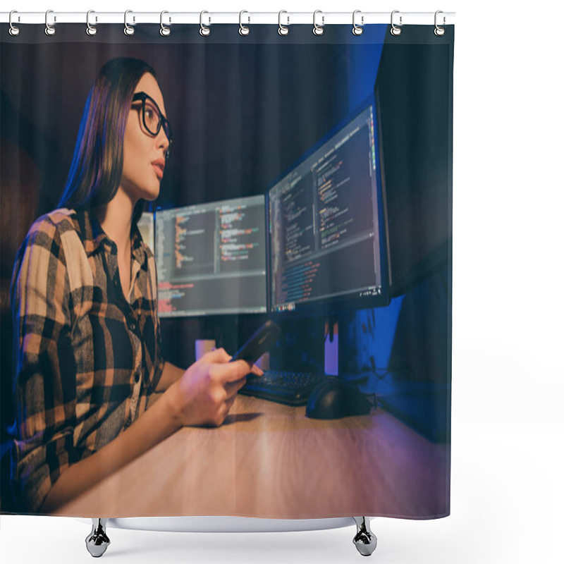 Personality  Low Below Angle View Photo Of Concentrated Focused Woman In Glasses Comparing Database In Her Computers And Phone Trying To Find Errors To Solve Shower Curtains