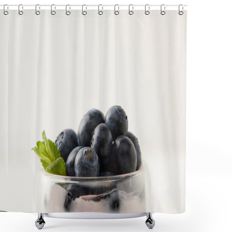 Personality  Close Up View Of Pudding With Fresh Blueberries On Grey Backdrop Shower Curtains