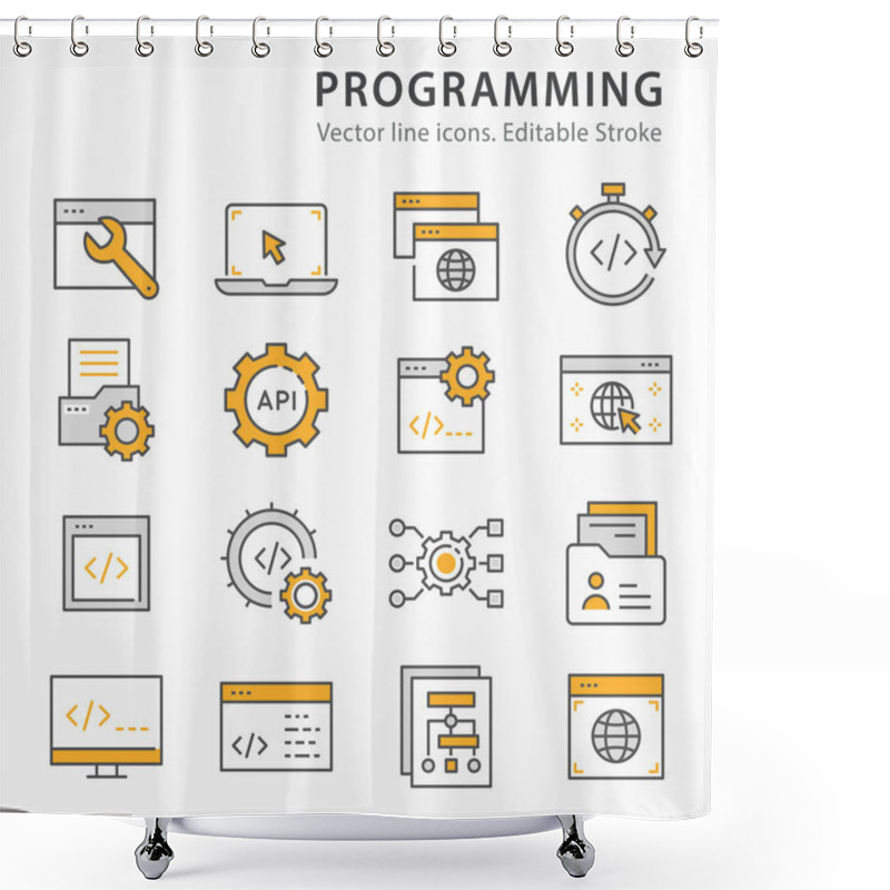 Personality  Programming Icons, Such As Software, Coding, Browser, Algorithm And More. Vector Illustration Isolated On White. Editable Stroke. Shower Curtains