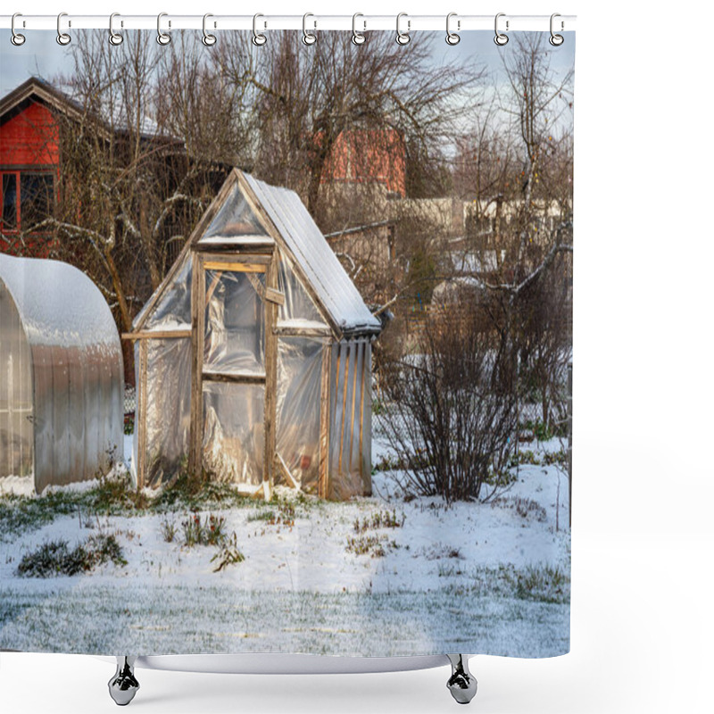 Personality  Landscape With A Simple Wooden Greenhouse, Beautiful Light On A Winter Day, Film Greenhouse In Winter Shower Curtains