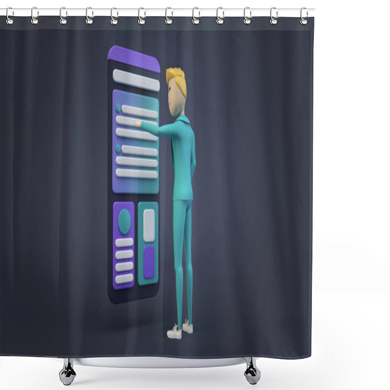 Personality  Cartoon Businessman Touching Smartphone Screen Interface 3d Rendering Shower Curtains