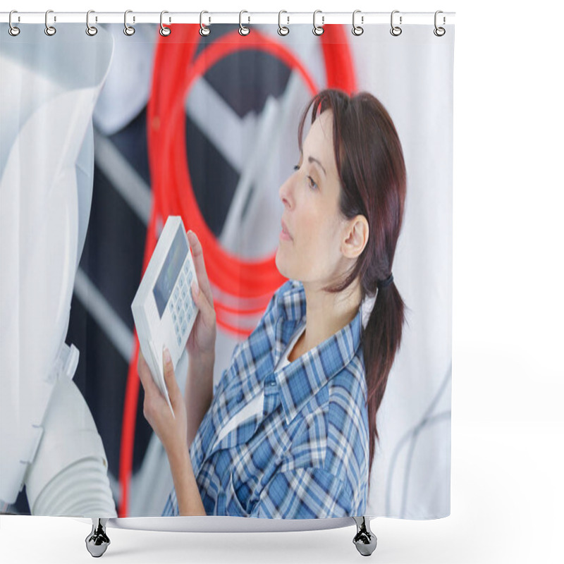 Personality  Safety Conscious Woman Fitting An Alarm Shower Curtains