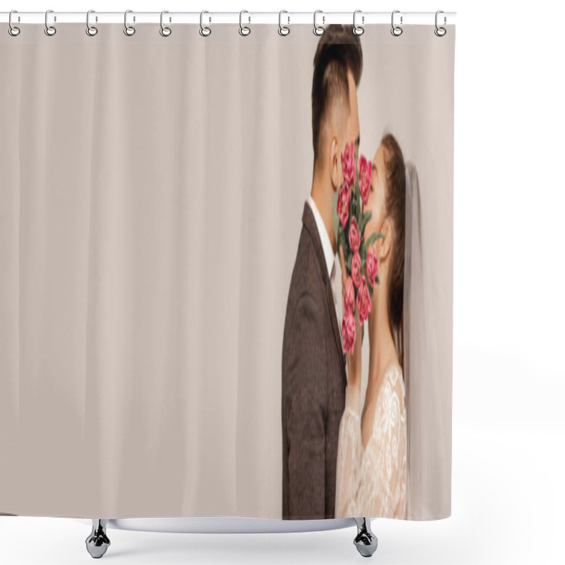 Personality  Young Newlyweds Kissing While Obscuring Faces With Tulips Isolated On Grey, Banner Shower Curtains