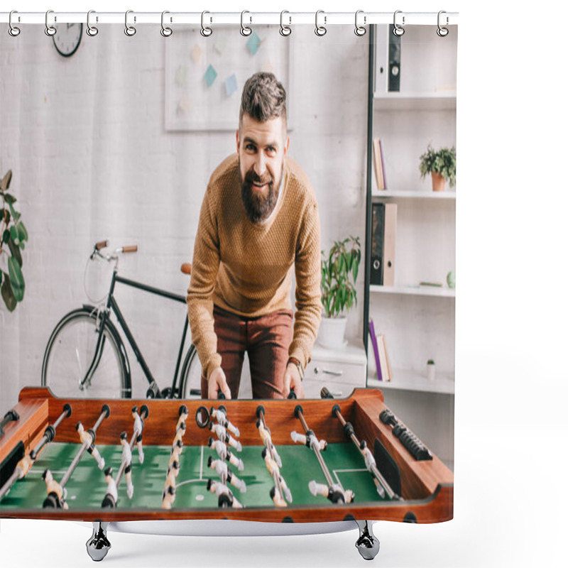 Personality  Smiling Handsome Adult Man Looking At Camera And Playing Table Football Game At Home Shower Curtains