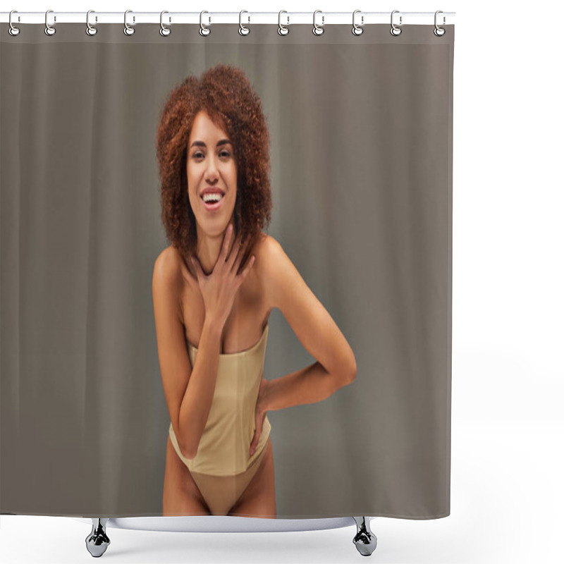 Personality  Happy Attractive African American Woman In Pastel Underwear Smiling Cheerfully, Fashion Concept Shower Curtains