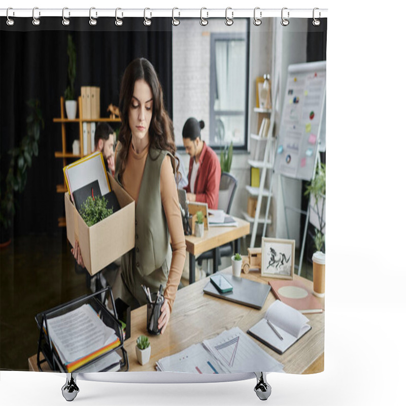 Personality  Woman In Stylish Attire Pack Up Belongings Amid An Office Layoff, Colleagues On Backdrop. Shower Curtains