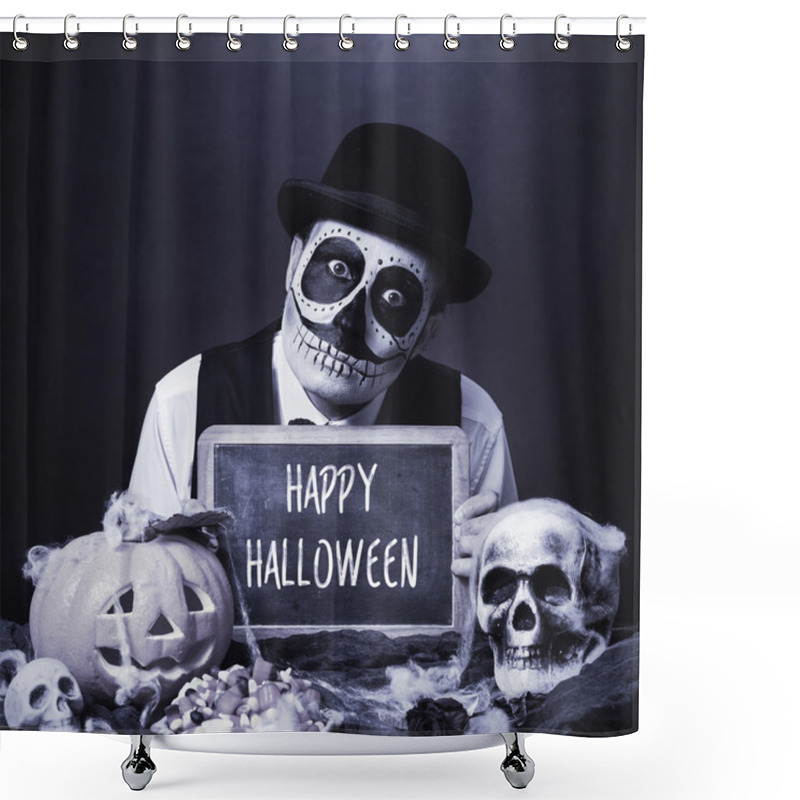 Personality  Disguised Man With Chalkboard With Text Happy Halloween, B&w Shower Curtains