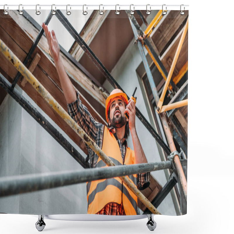 Personality  Bottom View Of Builder In Protective Helmet And Vest Using Walkie Talkie At Construction Site Shower Curtains