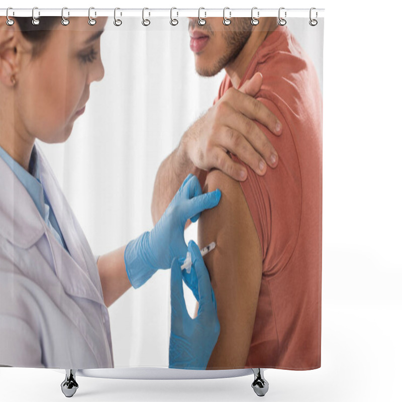 Personality  Selective Focus Of Doctor Doing Injection With Vaccine In Shoulder Of Patient Isolated On White Shower Curtains