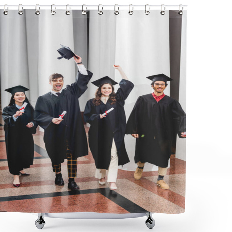 Personality  Cheerful Group On Students Gesturing And Celebrating Graduation While Holding Diplomas  Shower Curtains