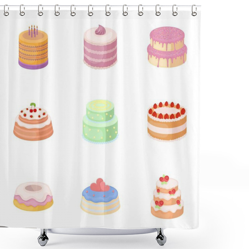 Personality  Cakes For The Holidays. A Set Of Different Sweets. Beautifully Decorated Cakes And Muffins.Cakes Icon In Set Collection On Cartoon Style Vector Symbol Stock Illustration. Shower Curtains