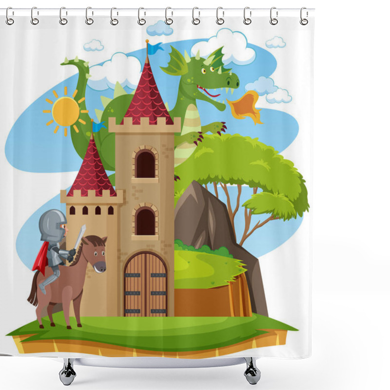 Personality  Knights Fight With Dragon At The Castle Illustration Shower Curtains