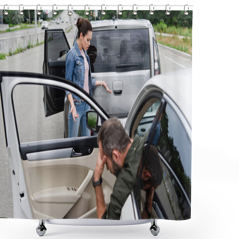 Personality  Female Driver Looking At Cars After Car Accident On Road Shower Curtains