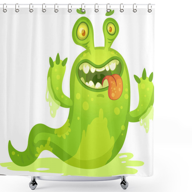 Personality  Slimy Green Cartoon Monster With Two Eyes, A Long Tail Sticking Out Its Tongue And Showing Sharp Teeth While Standing On A Puddle Of Slime Shower Curtains