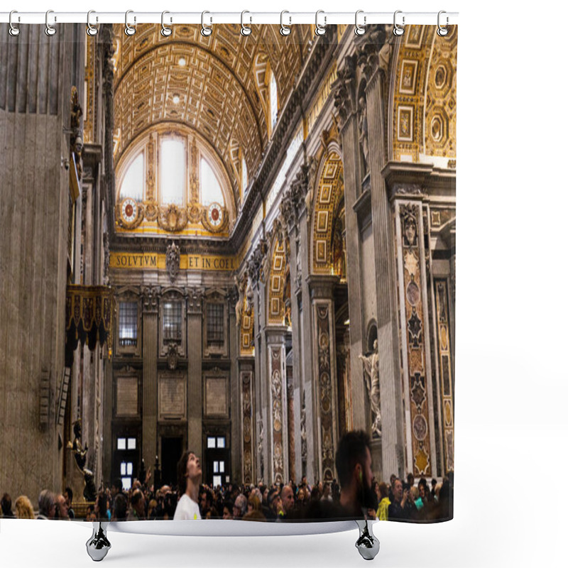 Personality  ROME, ITALY - JUNE 28, 2019: Crowd Of Tourists Walking And Looking Around In Vatican Museums Shower Curtains