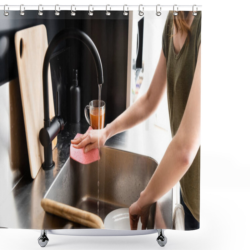 Personality  Cropped View Of Woman Cleaning Kitchen Sink With Rag  Shower Curtains