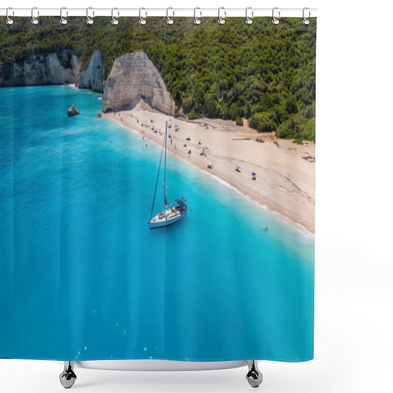 Personality  Aerial View Of The Paradise Beach Of Fteri In Kefalonia The Beautiful  Ionian Island Of Greece Shower Curtains