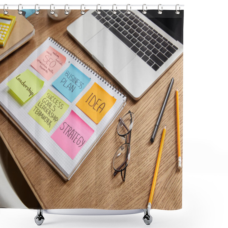 Personality  Paper Stickers With Business Strategy On Notebook And Laptop On Tabletop Shower Curtains