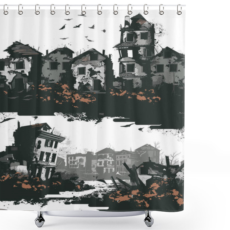 Personality  Abandoned Buildings Crumbling, Decrepit Houses, Desolate Urban Landscape Grungy. Flock Birds Over Dilapidated Structures, Eerie Atmosphere, Rundown Neighborhood Scene. Black White Color Scheme Shower Curtains