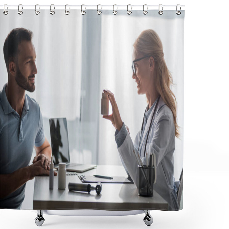 Personality  Cheerful Doctor In Glasses Holding Bottle With Pills Near Bearded Man  Shower Curtains