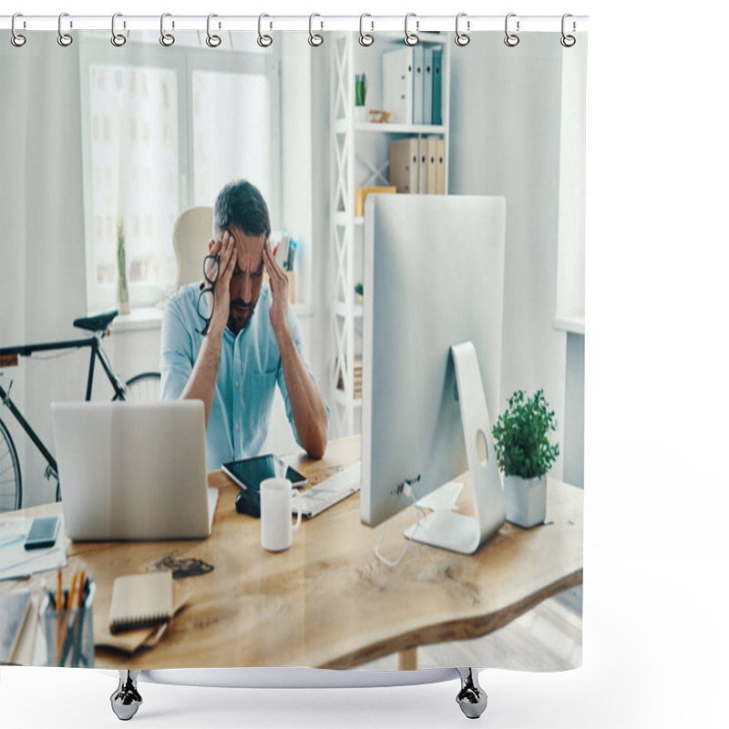 Personality  Frustrated Middle Age Man In Smart Casual Wear Keeping Head In Hands While Sitting In The Office Shower Curtains