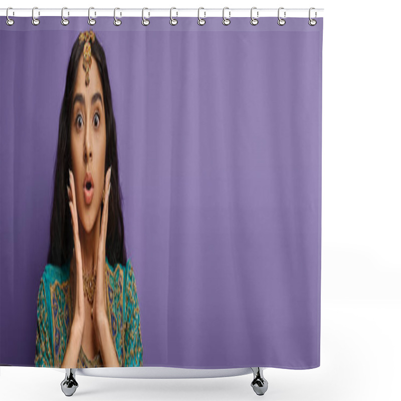 Personality  Attractive Shocked Indian Woman Posing With Hands Near Face Looking At Camera Surprisedly, Banner Shower Curtains