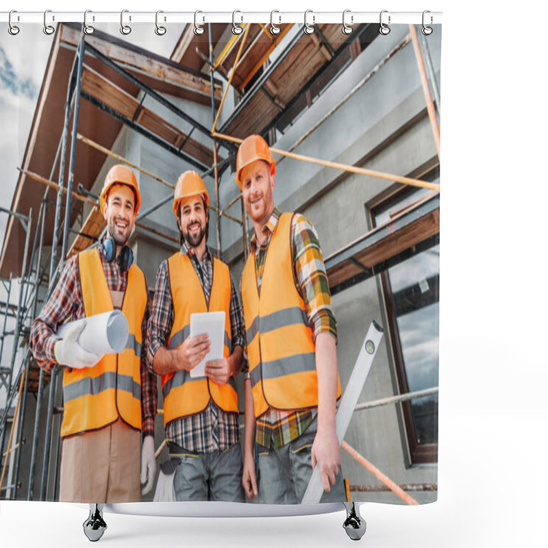 Personality  Bottom View Of Group Of Smiling Builders With Blueprint And Tablet Looking At Camera At Construction Site Shower Curtains