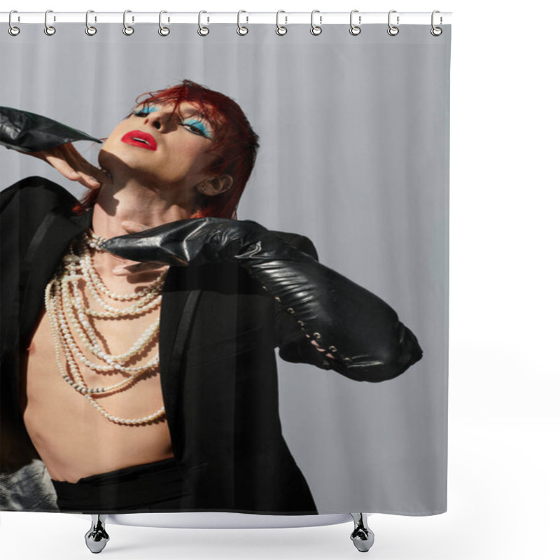 Personality  A Young Man With Striking Style Poses Confidently, Highlighting Vibrant Fashion And Artistic Flair. Shower Curtains