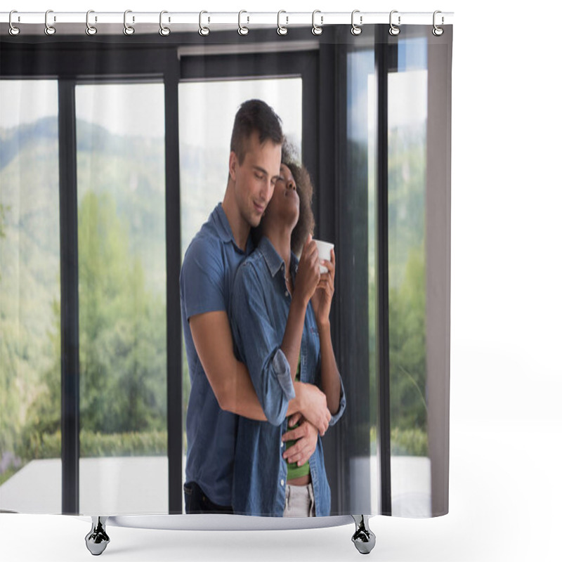 Personality  Romantic Happy Young Couple Relax At Modern Home Indoors Shower Curtains