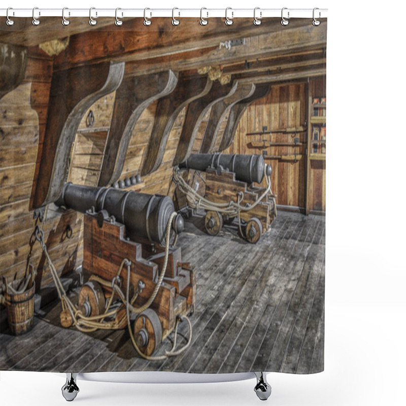 Personality  A Pair Of Ancient Cannons With Ropes On A Wooden Deck Of An Old Galleon Shower Curtains