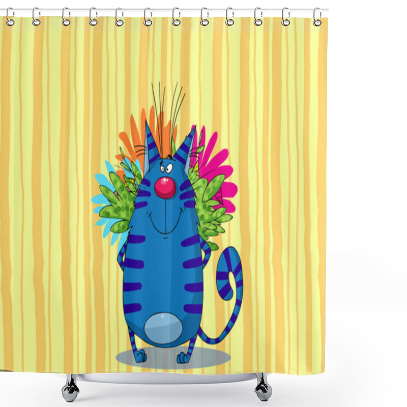 Personality  Blue Cat With Flowers Behind Its Back Shower Curtains