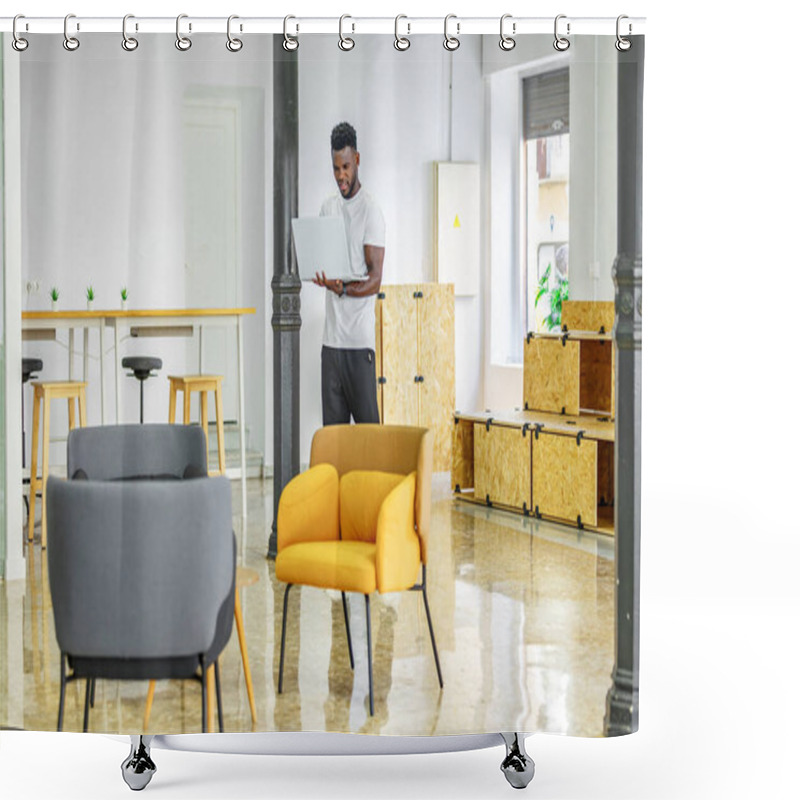 Personality  A Young Man Stands Focused On His Laptop In A Bright, Minimalist Co-working Space, Surrounded By Stylish Furniture And Decor That Fosters Creativity And Productivity. Shower Curtains