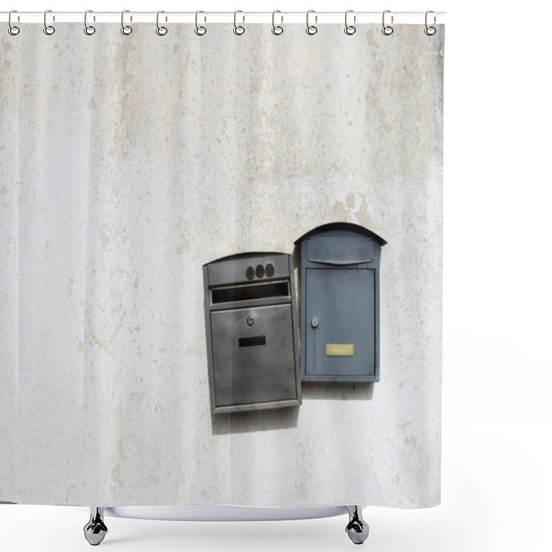 Personality  Two Metal Mailboxes Hang On A Light, Dirty Wall. Old Mailboxes.  Shower Curtains