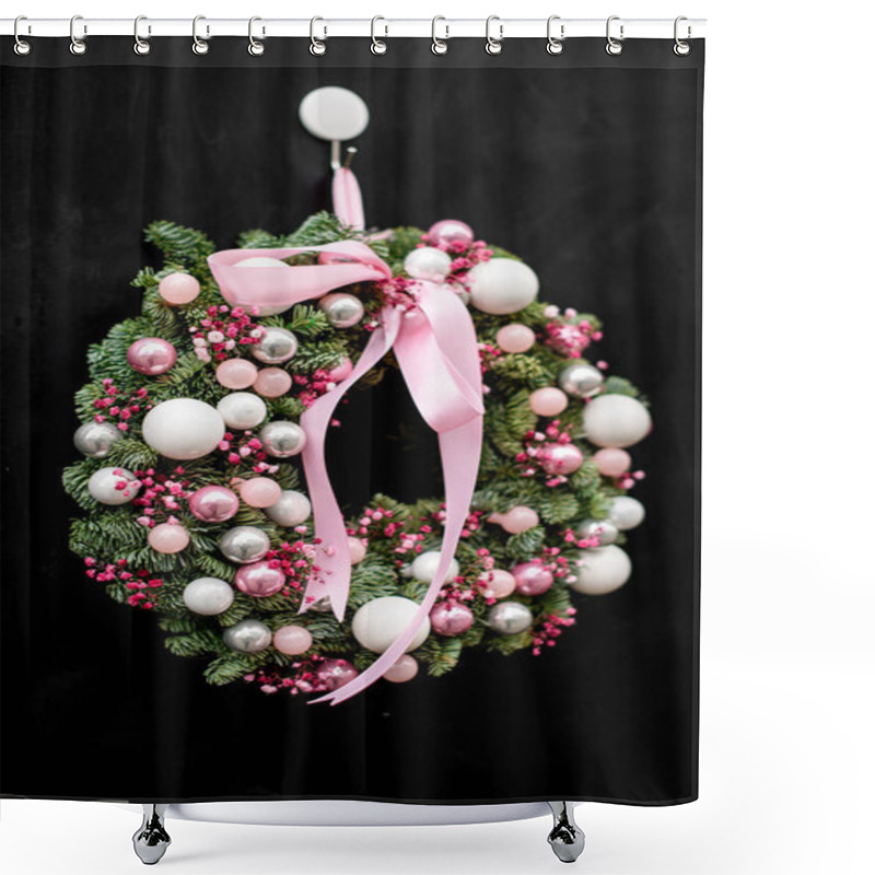 Personality  Close-up View On Beautiful Round Christmas Wreath Of Fir Branches Decorated With Pink Glitter Balls And Pink Dry Flowers And Bow On Dark Background Shower Curtains