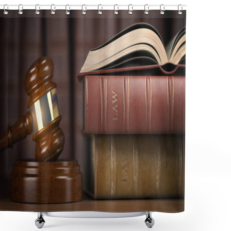 Personality  Justice, Law And Legal Concept. Judge Gavel And Law Books. 3d Illustration Shower Curtains