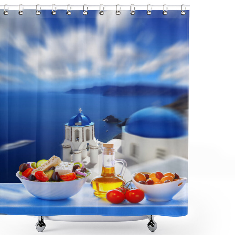 Personality  Greek Salad Against Church In Oia Village, Santorini Island In Greece Shower Curtains