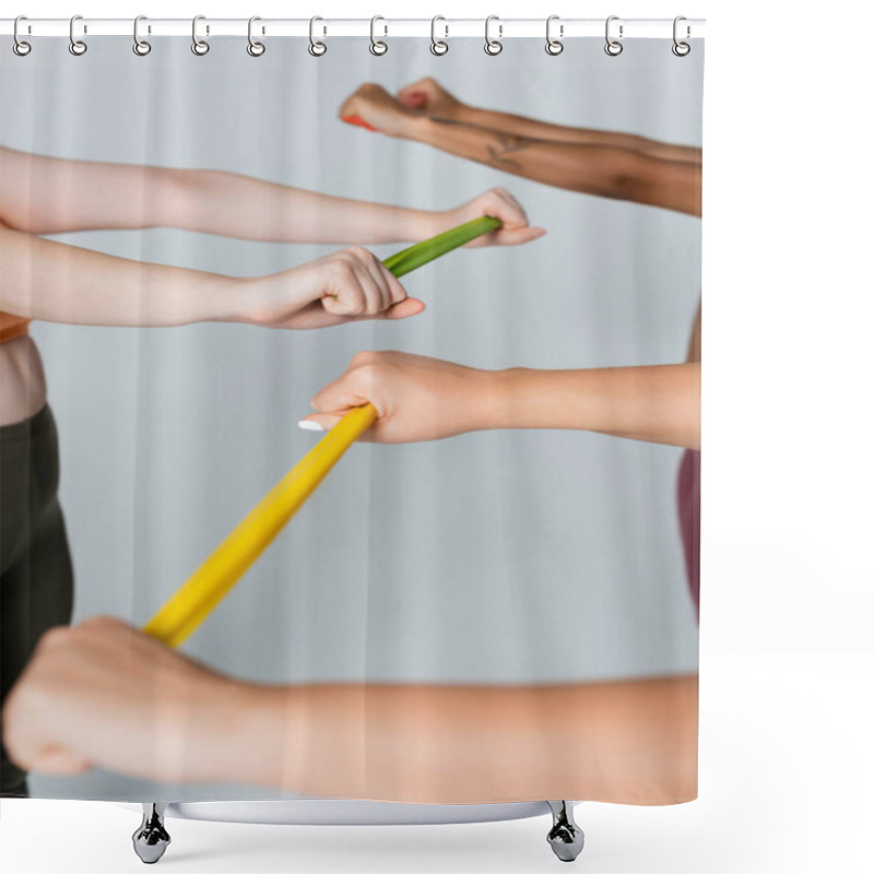 Personality  Women Work Together Using Resistance Bands, Showcasing Strength And Teamwork In A Fitness Studio. Shower Curtains