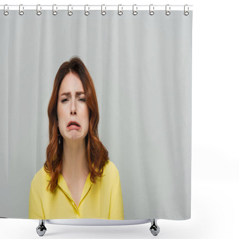 Personality  Discouraged Woman Looking At Camera And Grimacing Isolated On Grey Shower Curtains