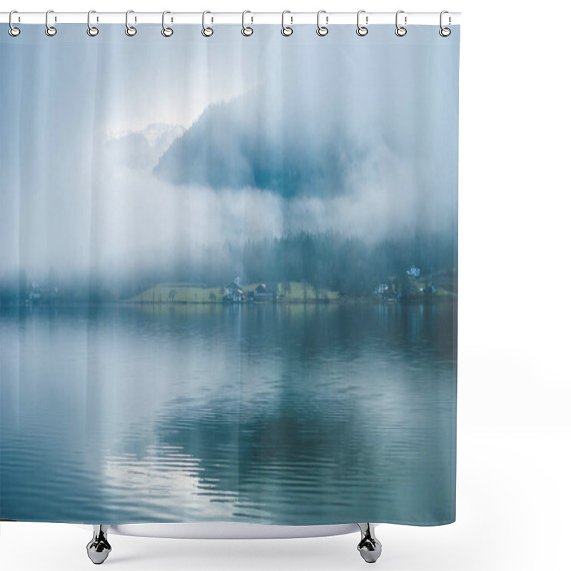 Personality  Cottages And Villas Seen Through The Dense Fog Covering Water Of Lake. Shadows Of The Trees Reflected In Water. Sleepy Misty Landscape Shower Curtains