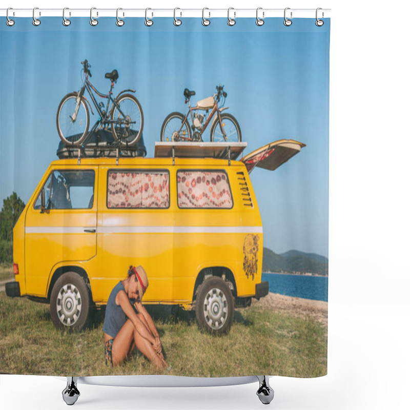 Personality  Summer Holidays, Road Trip, Vacation, Travel And People Concept - Young Hippie Women In Front Of Minivan Car On Beach Shower Curtains