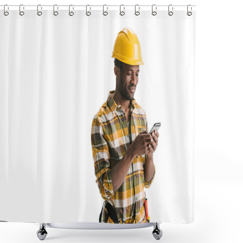 Personality  Builder Texting Messege On Smartphone Shower Curtains