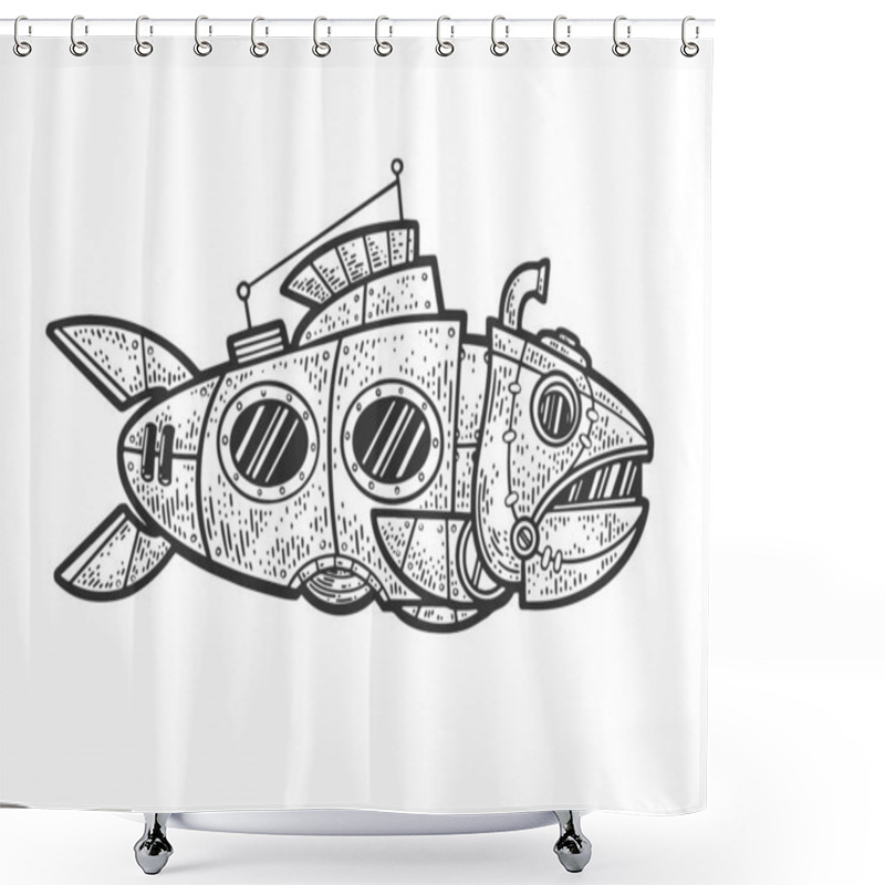 Personality  Submarine Fish Sketch Raster Illustration Shower Curtains