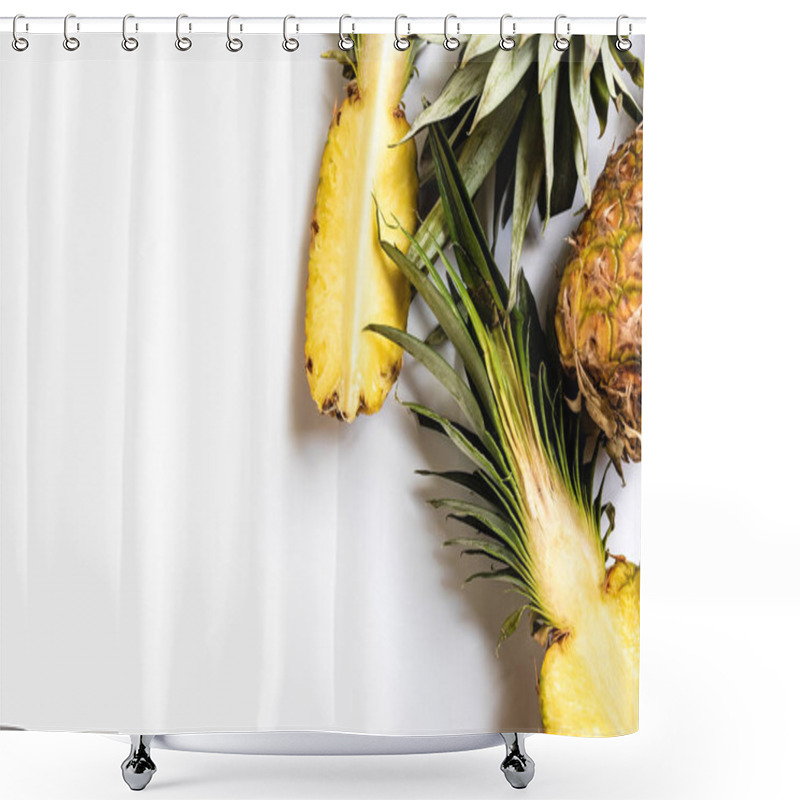 Personality  Top View Of Cut And Whole Ripe Pineapples With Green Leaves On White Background Shower Curtains