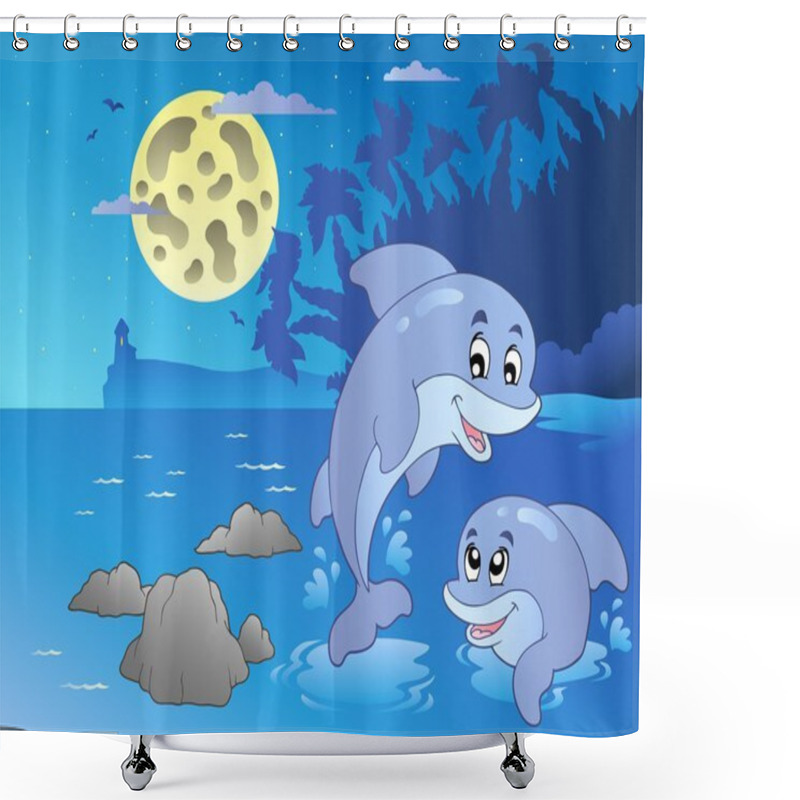 Personality  Night Seascape With Happy Dolphins Shower Curtains